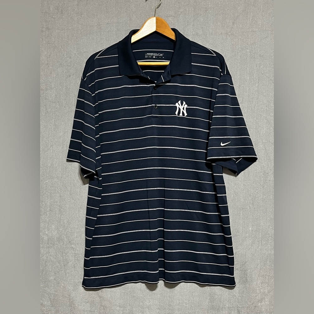 Nike Golf DRI-FIT Navy Striped Polo with White‎ New York Yankees Logo